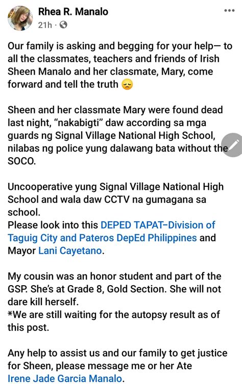 Two high school students found dead in Taguig. Ages 13 and 15..